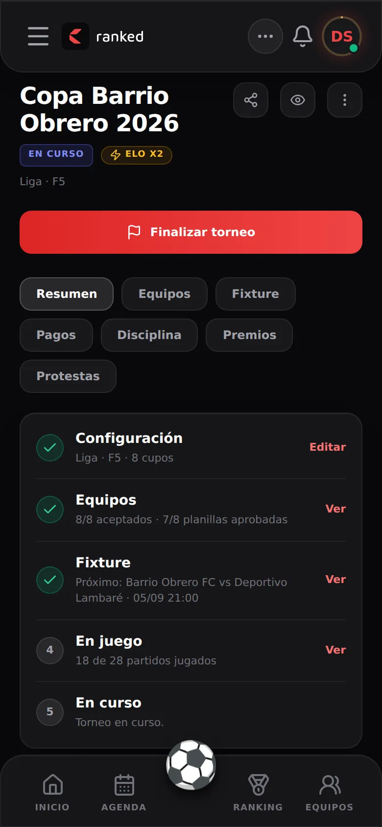 Pantalla del organizador en la Copa Barrio Obrero 2026: la pestaña Resumen con el checklist del torneo — configuración lista, 8 de 8 equipos aceptados y 7 de 8 planillas aprobadas, el próximo partido y 18 de 28 partidos jugados.