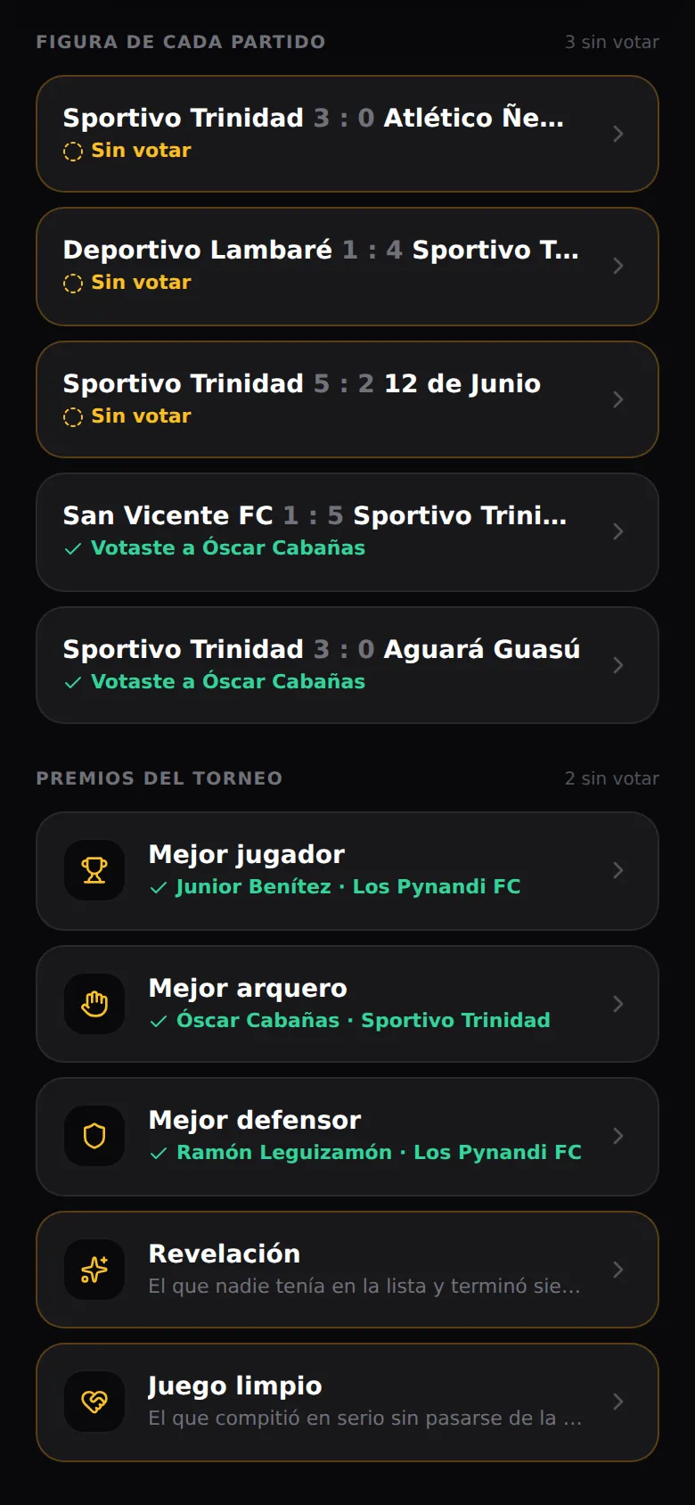 La boleta de un jugador: la figura de cada partido que jugó —una sin votar y dos ya votadas— y las cinco categorías del torneo, con mejor jugador, mejor arquero y mejor defensor ya elegidos y revelación y juego limpio pendientes.