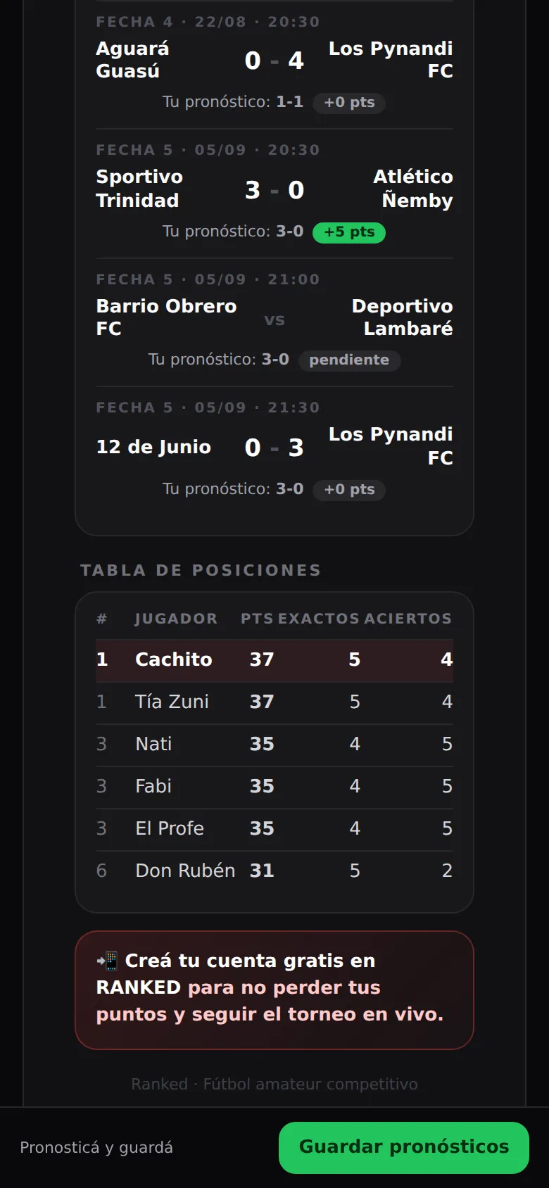 El prode del torneo abierto sin cuenta: los pronósticos partido por partido con sus +5, +0 y pendiente, la tabla de seis participantes, el aviso para crear una cuenta gratis y la barra para guardar los pronósticos.